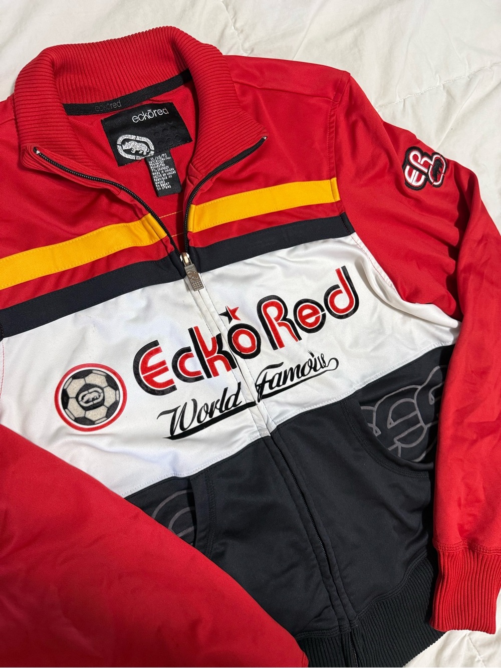 Ecko Unlimited Red, Black & White Zip-Front Track Jacket with Yellow Stripe